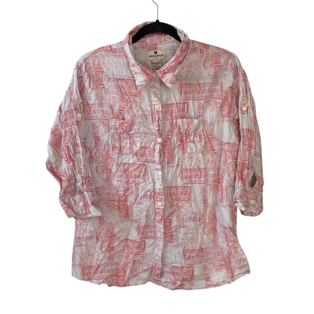 WOOLRICH Women's Cotton Printed Button Front Blouse Red Tan XL